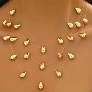 Three Multi-Layered Gold Electro-Plated Teardrop Pendant Necklace
